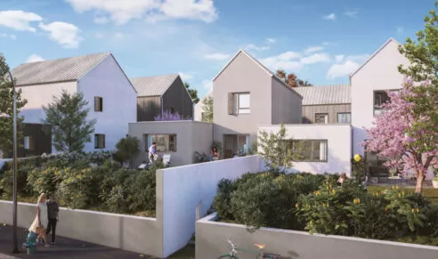 Jardins et maisons du programme Villa Cozy situé à Lorient. Un ensemble de lot de maisons réalisé par Pierre Promotion.