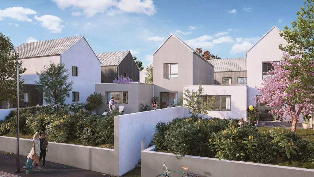 Jardins et maisons du programme Villa Cozy situé à Lorient. Un ensemble de lot de maisons réalisé par Pierre Promotion.