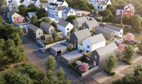 Vue du haut des maisons et de leur jardin, du programme Villa Cozy situé à Lorient. Un ensemble de maisons réalisé par Pierre Promotion.