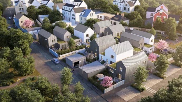 Vue du haut des maisons et de leur jardin, du programme Villa Cozy situé à Lorient. Un ensemble de maisons réalisé par Pierre Promotion.