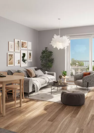 Salon et salle à manger d'un appartement de la résidence Le Flow, situé à Rennes. Ouvert sur un balcon extérieur. Des logements neufs réalisés par Pierre Promotion.