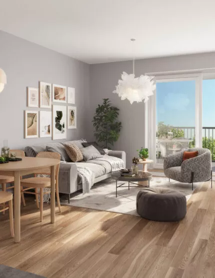 Salon et salle à manger d'un appartement de la résidence Le Flow, situé à Rennes. Ouvert sur un balcon extérieur. Des logements neufs réalisés par Pierre Promotion.
