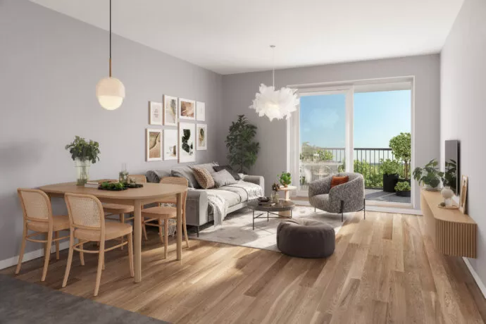 Salon et salle à manger d'un appartement de la résidence Le Flow, situé à Rennes. Ouvert sur un balcon extérieur. Des logements neufs réalisés par Pierre Promotion.