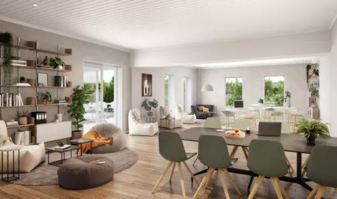 Salon et salle à manger d'un appartement de la résidence Le Flow, situé à Rennes. Ouvert sur un balcon extérieur. Des logements neufs réalisés par Pierre Promotion.