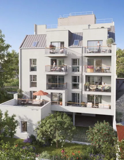 Extérieur du programme immobilier Le Flow situé à Rennes et vue sur les balcons de la résidence. Des logements neufs réalisés par Pierre Promotion.
