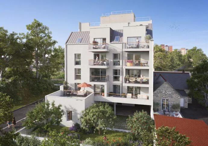 Extérieur du programme immobilier Le Flow situé à Rennes et vue sur les balcons de la résidence. Des logements neufs réalisés par Pierre Promotion.