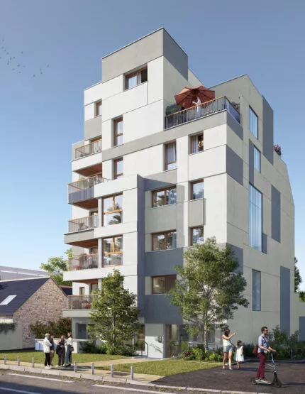 Extérieur du programme immobilier Le Flow situé à Rennes. Des logements neufs réalisés par Pierre Promotion.