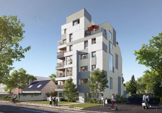 Extérieur du programme immobilier Le Flow situé à Rennes. Des logements neufs réalisés par Pierre Promotion.