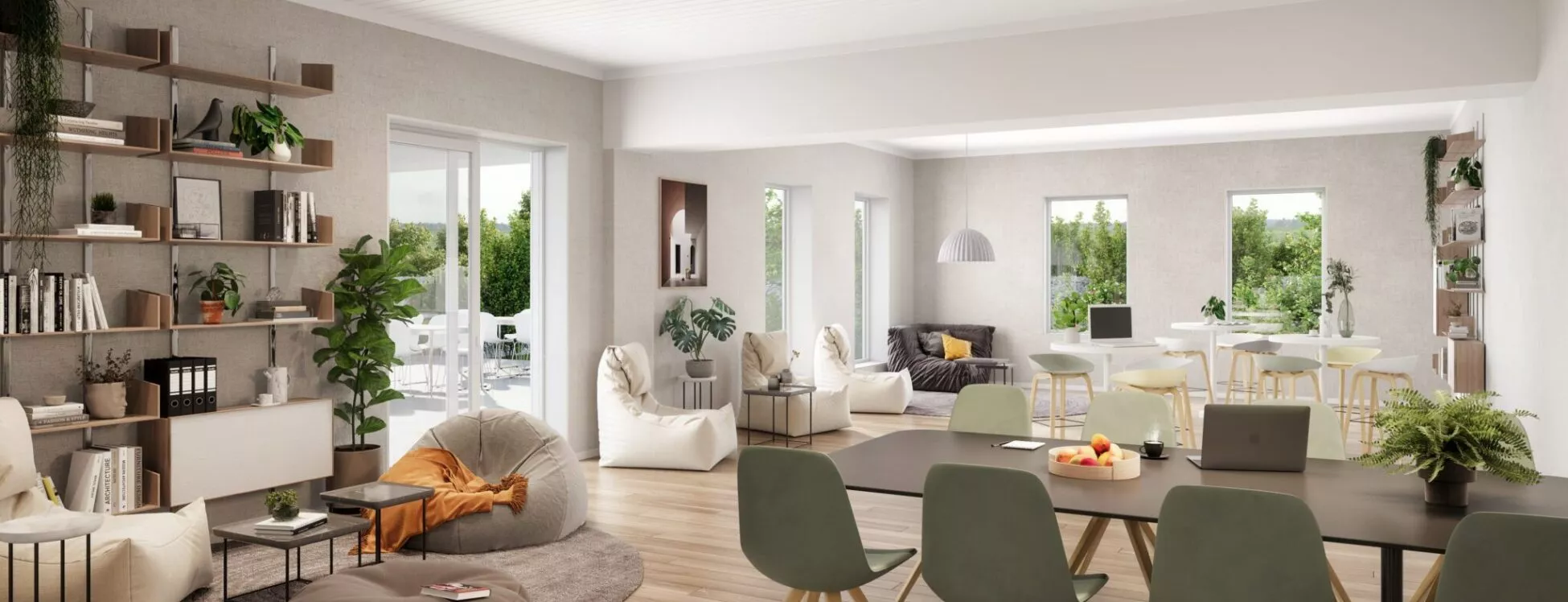 Intérieur d'un appartement, composé d'un salon, de la salle à manger et d'un coin cosy, à la décoration boisée et naturelle.