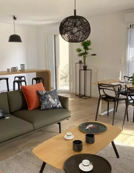 Intérieur d'un appartement neuf composé d'un salon et d'une salle à manger. Canapé, table basse, table et chaise, et mobilier de décoration dans une atmosphère conviviale.