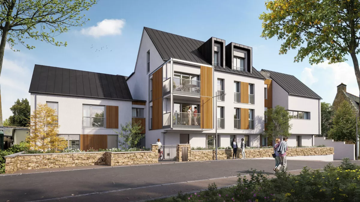 L'extérieur de la résidence Agapanthe, vue de la route, situé à Saint-Malo. Des logements neufs réalisés par Pierre Promotion.