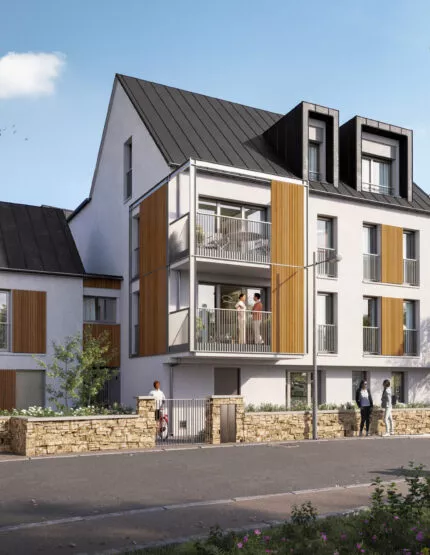 L'extérieur de la résidence Agapanthe, vue de la route, situé à Saint-Malo. Des logements neufs réalisés par Pierre Promotion.