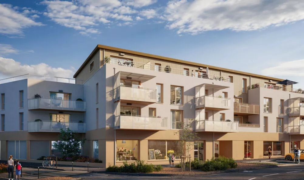 Extérieur du bâtiment Villa Vanille, vue de la route, situé à Bédée près de Rennes. Des logements neufs réalisés par Pierre promotion.