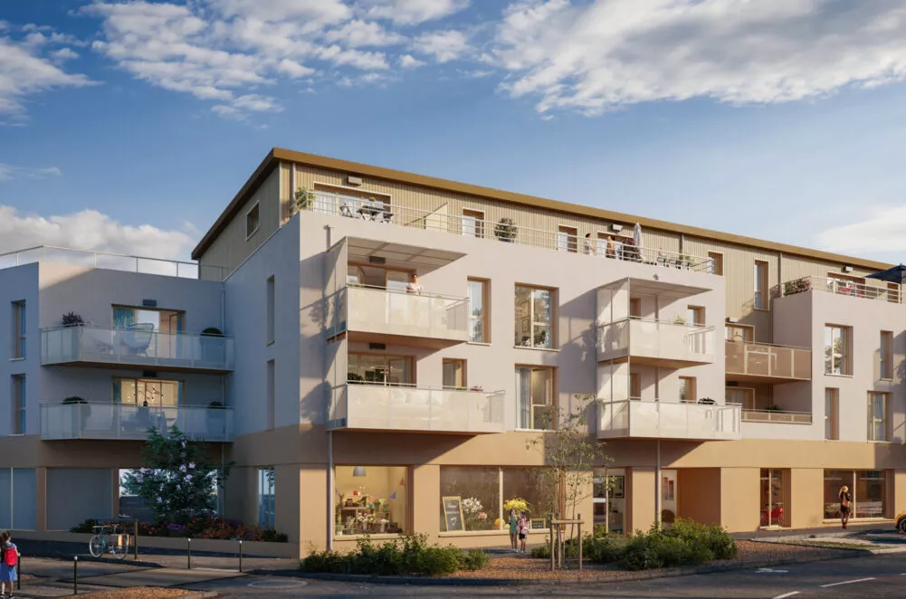 Extérieur du bâtiment Villa Vanille, vue de la route, situé à Bédée près de Rennes. Des logements neufs réalisés par Pierre promotion.