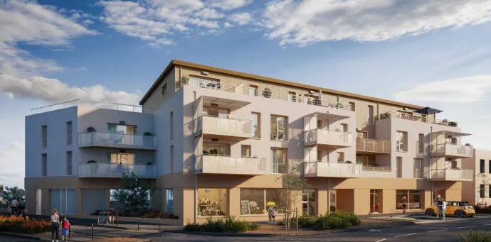 Extérieur du bâtiment Villa Vanille, vue de la route, situé à Bédée près de Rennes. Des logements neufs réalisés par Pierre promotion.