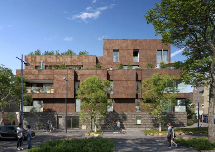 Extérieur du bâtiment Automne situé à Rennes. Logement neuf réalisé par Pierre Promotion.