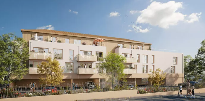 Extérieur du bâtiment Villa Vanille, vue de la route, situé à Bédée près de Rennes. Des logements neufs réalisés par Pierre promotion.