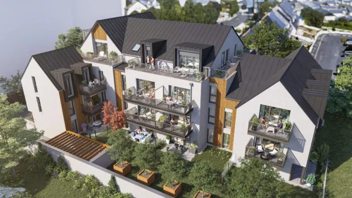 L'extérieur de la résidence Agapanthe et de ses jardins partagés, vue du dessus, situé à Saint-Malo. Des logements neufs réalisés par Pierre Promotion.