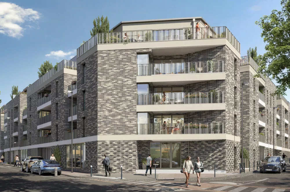 Extérieur du bâtiment Nuances, situé à Nantes. Des logements neufs réalisés par Pierre Promotion.