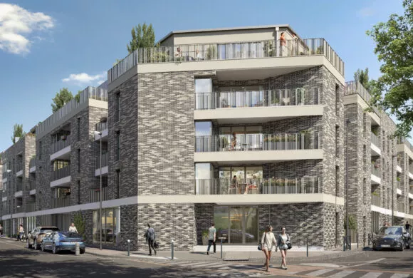 Extérieur du bâtiment Nuances, situé à Nantes. Des logements neufs réalisés par Pierre Promotion.