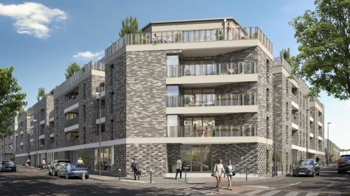 Extérieur du bâtiment Nuances, situé à Nantes. Des logements neufs réalisés par Pierre Promotion.