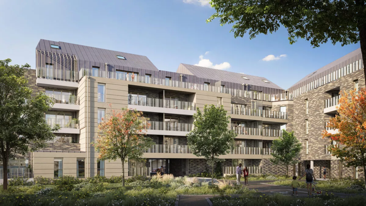 Extérieur de la résidence Nuances, avec vue sur le jardin partagé, situé à Nantes. Des logements neufs réalisés par Pierre Promotion.