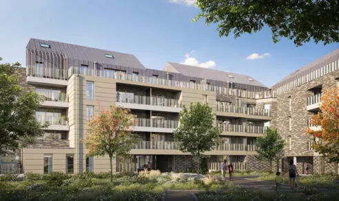 Extérieur de la résidence Nuances, avec vue sur le jardin partagé, situé à Nantes. Des logements neufs réalisés par Pierre Promotion.