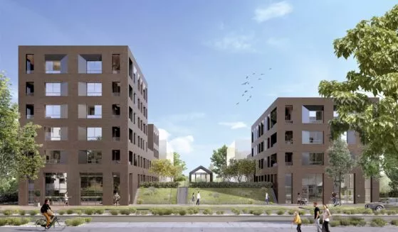 Extérieur des bâtiments Brownstone, situés à Saint-Jacques-de-la-Lande, près de Rennes. Des logements neufs réalisés par Pierre Promotion.