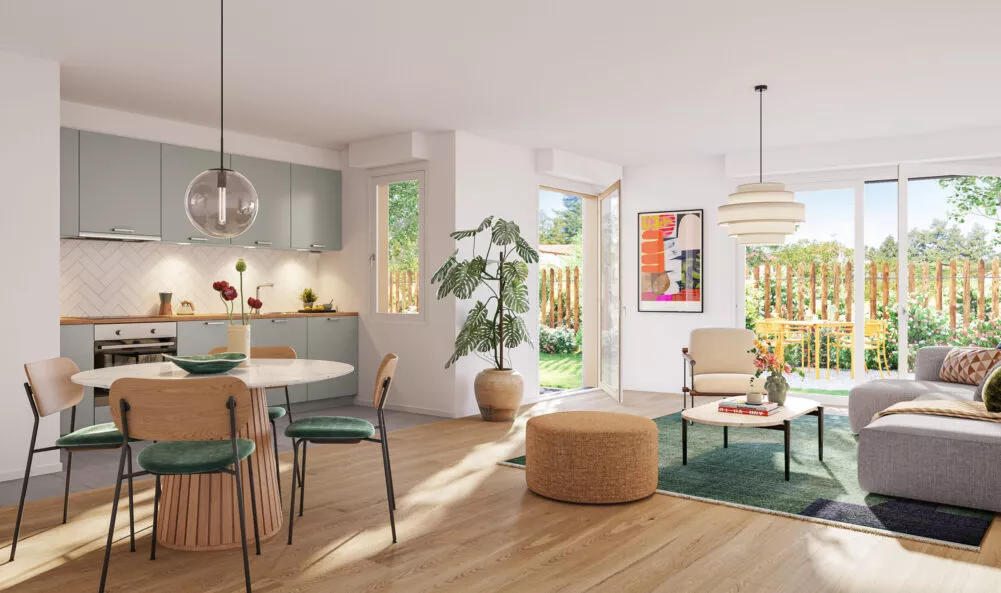 Intérieur d'un appartement lumineux de L'Eclat situé à Ploemeur, près de Lorient. Une cuisine ouverte sur la salle à manger et le salon avec une décoration nature. Des logements neufs réalisés par Pierre Promotion