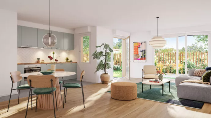 Intérieur d'un appartement lumineux de L'Eclat situé à Ploemeur, près de Lorient. Une cuisine ouverte sur la salle à manger et le salon avec une décoration nature. Des logements neufs réalisés par Pierre Promotion