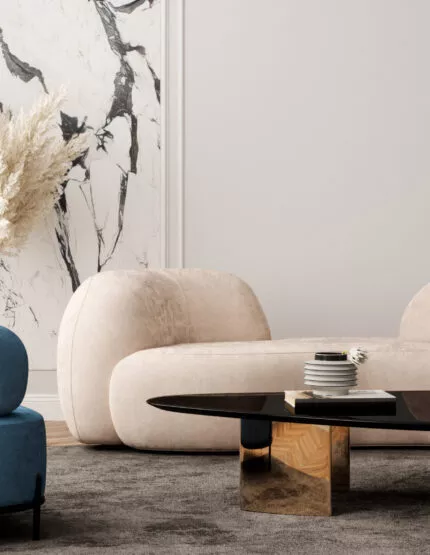 Salon contemporain à l'intérieur d'un appartement, avec des sofas, une table basse et de la décoration.