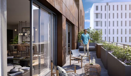 Terrasse d'un appartement de la résidence Automne situé à Rennes. Logement neuf réalisé par Pierre Promotion.
