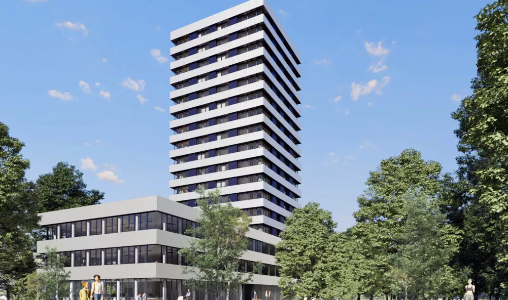 Extérieur du bâtiment Perspectives situé à Saint-Jacques-de-la-Lande, près de Rennes. Un ensemble de logements et de cellules commerciales réalisé par Pierre Promotion.