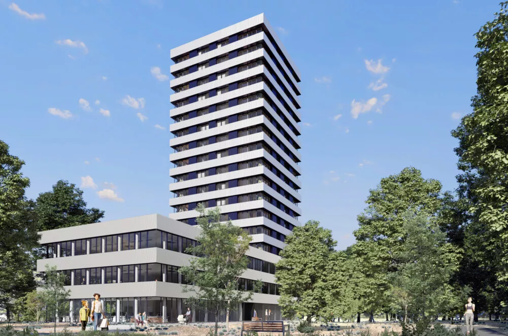 Extérieur du bâtiment Perspectives situé à Saint-Jacques-de-la-Lande, près de Rennes. Un ensemble de logements et de cellules commerciales réalisé par Pierre Promotion.