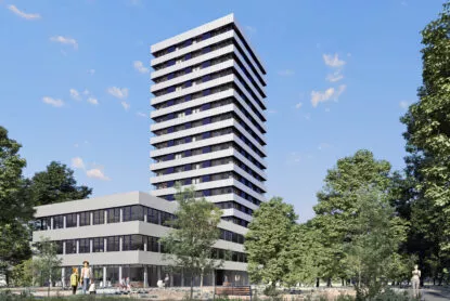 Extérieur du bâtiment Perspectives situé à Saint-Jacques-de-la-Lande, près de Rennes. Un ensemble de logements et de cellules commerciales réalisé par Pierre Promotion.