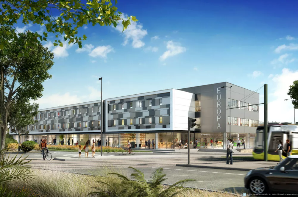 Vue de la route, l'extérieur du bâtiment tertiaire Europa situé à Brest. Un ensemble de bureaux et locaux commerciaux réalisé par Pierre Promotion.