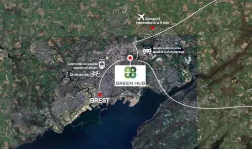 Accessibilité du programme Green Hub à Brest, vélo, aéroport, route et tram.