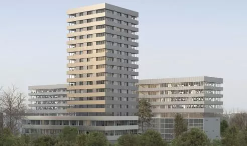 Extérieur d'un ensemble de deux bâtiments réalisés par Pierre Promotion. Miles, un programme tertiaire. Perspectives, un programme tertiaire et des logements neufs.