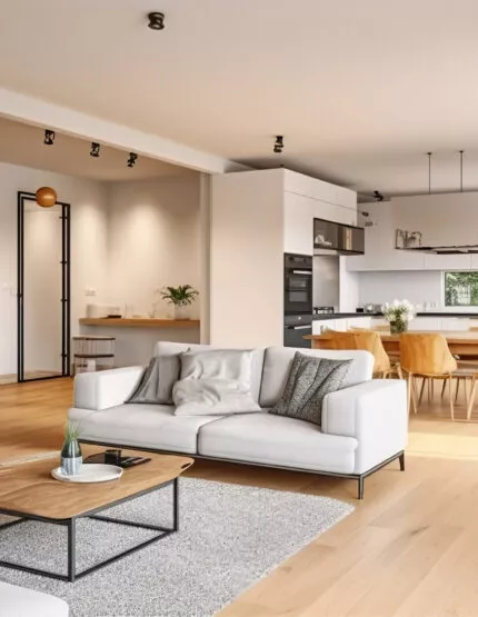 Intérieur d'un appartement lumineux : salon, cuisine et salle à manger.