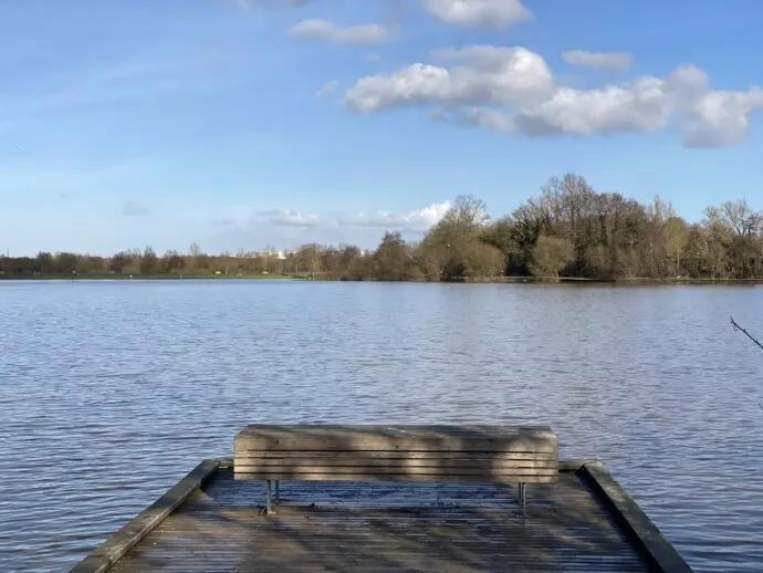 Un banc tourné vers les étangs d'Apigné au Rheu. Cet endroit se trouve à proximité immédiate de la résidence MAÏA.
