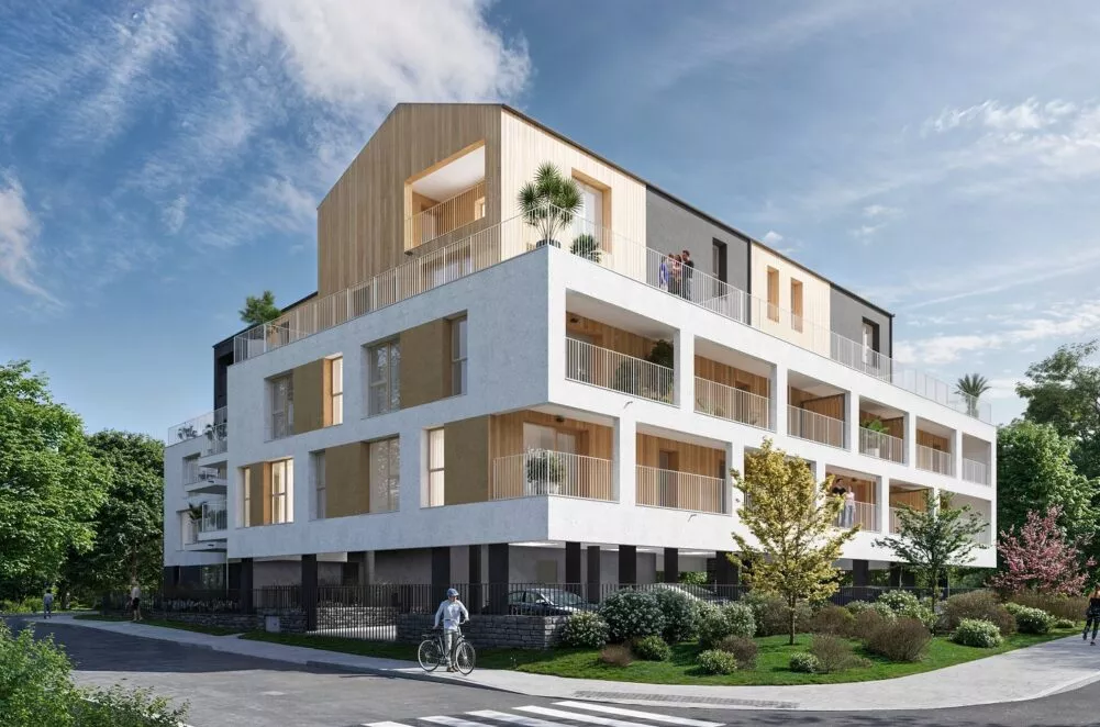 Extérieur de la résidence Maïa, vue sur les balcons et loggias pour des appartements lumineux. À Le Rheu, Rue de l'Hermitage, proche de Rennes Des appartements neufs réalisés par Pierre Promotion.