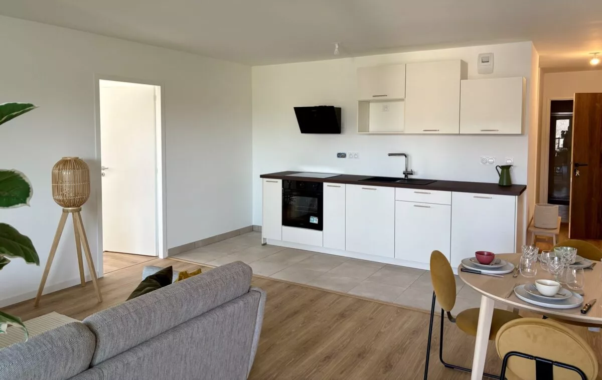 Cuisine ouverte sur le salon d'un appartement 3 pièces à Rennes.