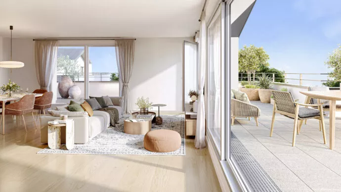 Perspective d'un appartement neuf sur la résidence Le Garry à Châteaubourg