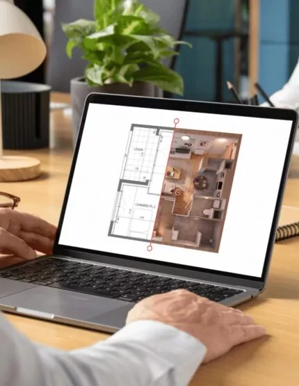 Homme en train de regarder l'appartement qu'il vient d'acheter en VEFA sur son ordinateur