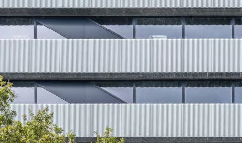 Façade contemporaine d'un immeuble de logements neufs avec balcons filants et arbre au premier plan